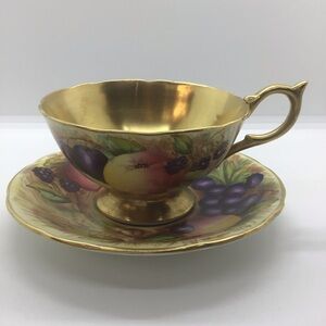Vtg Aynsley Orchard Fruit Gold Gilt Footed Cup & Saucer Signed N. Brunt England